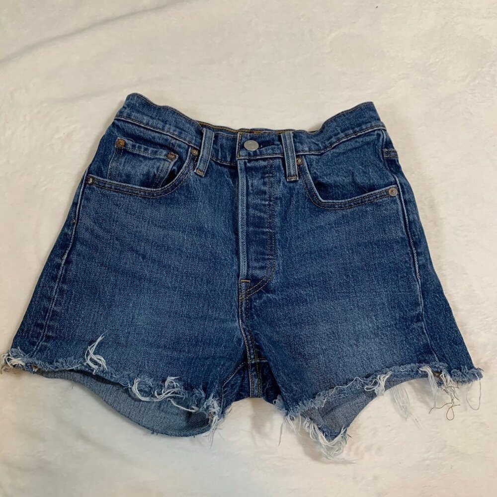 Levi's 501 Skinny Shorts Women 24 Blue High Waisted Raw Hem Cut Off Distressed